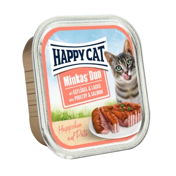 Happy Cat Minkas Duo Katzenfutterverpackung mit einer verspielten getigerten Katze, mit dem Text 'mit Geflügel & Lachs' und 'with Poultry & Salmon.'