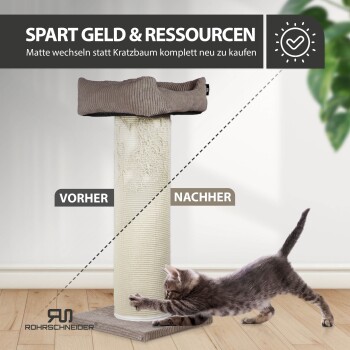 Kätzchen, das sich an einem Kratzbaum streckt, geteilt in abgenutzte 'VORHER'- und erneuerte 'NACHHER'-Seiten; Banner: 'SPART GELD & RESSOURCEN'.