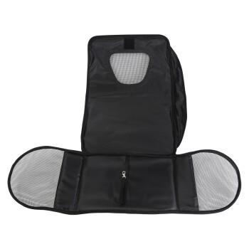 Schwarze Haustiertrage mit einem Netzfenster und einer Reißverschlusstasche, entworfen für Komfort und Bequemlichkeit während der Reise.