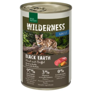 A can of Real Nature Wilderness cat food labeled "Black Earth," featuring a spotted cat, with 97% beef and buffalo, 3% plants, 0% grains.