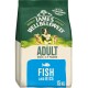 Dog food bag labeled "James Wellbeloved" featuring three dogs on the front, stating "Adult Dog | 1-7 Years" and "Fish and Rice," 15 kg.