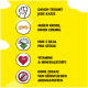 Fond jaune vif avec des icônes de friandises pour chats et le texte : "Chaque chat rêve de cela," "Croustillant à l'extérieur, crémeux à l'intérieur," "2 kcal," "Vitamines et minéraux."