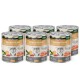 Sechs Dosen PureNature JuniorMenu Hundefutter mit Huhn, Karotten und Kräutern, jeweils gekennzeichnet mit 400g, glutenfrei und Nassfutter.