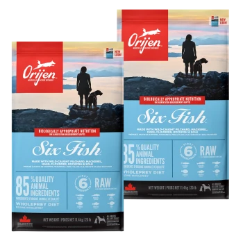 Sacs de nourriture pour chiens Orijen Six Fish avec un arrière-plan pittoresque d'une personne et d'un chien près de l'eau, mettant en avant 85 % d'ingrédients animaux de qualité.