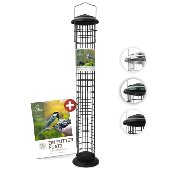 Schwarzer Drahtvogel-Futterhalter mit einem Werbeschild, das einen Blaumeisen zeigt, begleitet von einer Broschüre mit dem Titel "Ein Futter Platz für Gartenvögel."