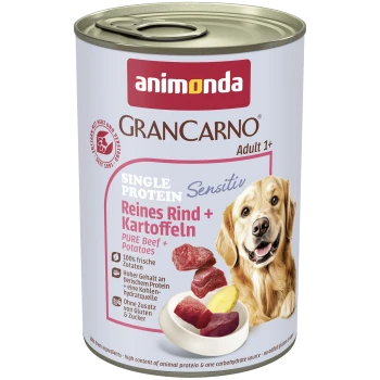 Dose Animonda GranCarno Hundefutter mit der Aufschrift „Single Protein Sensitiv Reines Rind + Kartoffeln“ und Bild eines lächelnden Golden Retrievers