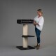 Eine Frau in einer weißen Bluse steht neben einem modernen Katzenbaum mit zwei Regalen und einem plüschigen oberen Bett, mit einem sisalumwickelten Pfosten.
