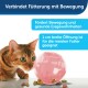 Katze nähert sich neugierig einem rosa interaktiven Futterball, mit Text, der besagt, dass er Bewegung und gesunde Essgewohnheiten fördert, geeignet für die meisten Futtersorten.