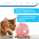 Katze nähert sich neugierig einem rosa interaktiven Futterball, mit Text, der besagt, dass er Bewegung und gesunde Essgewohnheiten fördert, geeignet für die meisten Futtersorten.