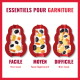 Trois moules rouges pour friandises pour animaux avec une garniture blanche et des morceaux noirs, jaunes et orange ; en-tête « ESSENTIELS POUR GARNITURE » et étiquettes « FACILE », « MOYEN », « DIFFICILE ».