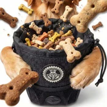 Eine schwarze Leckerlitasche für Haustiere mit einem Logo, gefüllt mit bunten, hundeförmigen Leckerlis, mit einer Netztasche für Müllbeutel und einem Karabiner.