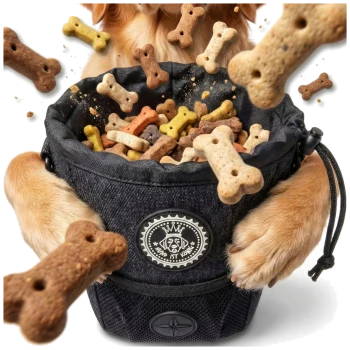 Eine schwarze Leckerlitasche für Haustiere mit einem Logo, gefüllt mit bunten, hundeförmigen Leckerlis, mit einer Netztasche für Müllbeutel und einem Karabiner.