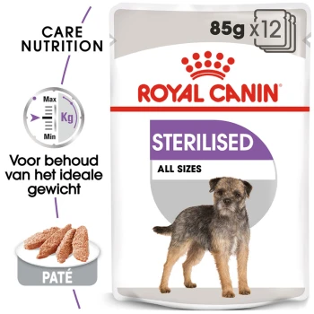 Royal Canin Sterilised hondenvoer verpakking met een kleine hond, met tekst die '85g x 12' en 'Alle maten' in paars aangeeft.