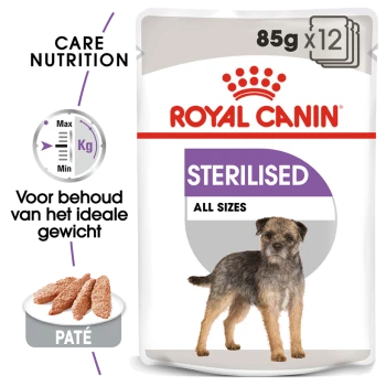 Royal Canin Sterilised hondenvoer verpakking met een kleine hond, met tekst die '85g x 12' en 'Alle maten' in paars aangeeft.