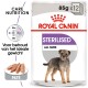 Royal Canin Sterilised hondenvoer verpakking met een kleine hond, met tekst die '85g x 12' en 'Alle maten' in paars aangeeft.