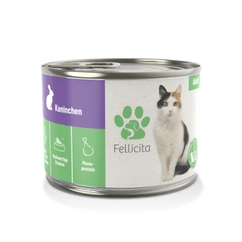 Dosenfutter für Katzen mit der Aufschrift "Fellicita", auf der Vorderseite mit einer dreifarbigen Katze, mit dem Hinweis "Erwachsene" und "Kanichen" (Kaninchen) als Hauptzutat.