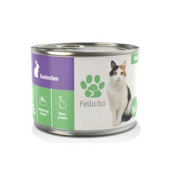 Dosenfutter für Katzen mit der Aufschrift "Fellicita", auf der Vorderseite mit einer dreifarbigen Katze, mit dem Hinweis "Erwachsene" und "Kanichen" (Kaninchen) als Hauptzutat.