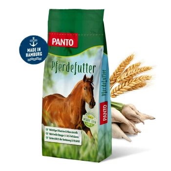 PANTO Pferdefutterbeutel mit einem braunen Pferd, mit Text, der Vitamine, Mineralien und Omega-3 & 6 Fettsäuren hervorhebt.