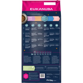 Eukanuba Hundefuttertüte mit Nährwertinformationen für Welpen, Erwachsene und Senioren, die Zutaten wie Glucosamin und L-Carnitin hervorhebt.