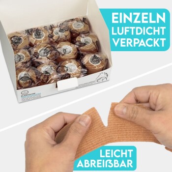 Eine Hand hält eine elastische Bindenrolle, mit einer Box von verpackten Binden dahinter. Text: "EINZELN LUFTDICHT VERPACKT" und "LEICHT ABREIßBAR."