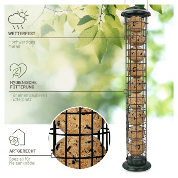 Ein Vogelfutterspender aus strapazierfähigem Metall, gefüllt mit Fettbällchen für Vögel, mit einem Text, der sein wetterfestes Design und hygienisches Füttern hervorhebt.