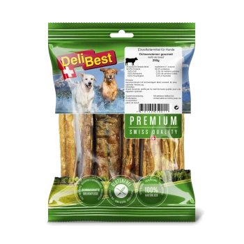 DeliBest Gourmet-Hundeleckerlis in einer 250g-Packung, mit Rindersticks. Etiketten zeigen glutenfrei und 100% natürliche Zutaten an.