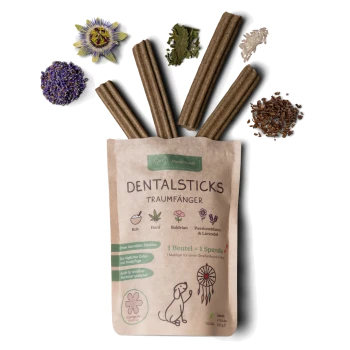 Zahnsticks für Hunde in einer Kraftpapier-Tüte, mit Zutaten wie Reis, Hanf, Baldrian, Passionsblume und Lavendel.