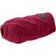 Roter gestrickter Hundepullover mit strukturiertem Muster und einem schwarzen Logo-Patch, entworfen für Wärme und Stil.