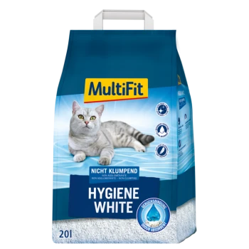 MultiFit Hygiene Witte kattenbakvulling zak, 20L, met een grijze kat op de voorkant, met tekst die niet-klonterende en geurabsorberende eigenschappen aangeeft.