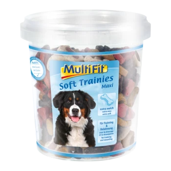 Ein klarer Kunststoffbehälter gefüllt mit bunten weichen Hundeleckerlis, beschriftet mit "MultiFit Soft Trainies Maxi," mit einem Berner Sennenhund auf der Vorderseite.