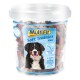 A clear plastic container filled with colorful soft dog treats labeled "MultiFit Soft Trainies Maxi," featuring a Bernese Mountain Dog on the front.