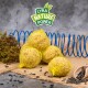 Gelbe Vogelfutterbälle auf Jute gestapelt, mit einer blauen Spiraldekoration und verstreuten Sonnenblumenkernen. "LYRA NATURE POWER" Logo darüber.