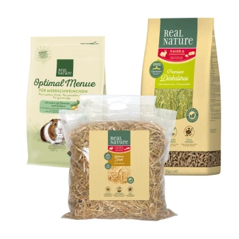 Trois produits pour animaux Real Nature : "Optimal Menue für Meerschweinchen" pour cochons d'Inde, litière "Premium Dinkelstreu", et litière "Golden Straw".