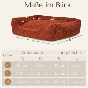 Haustierbett in Rostfarbe mit den Maßen A, B, C, D; Größenoptionen M, L, XL mit Abmessungen in Zentimetern.