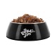 Schwarze Futterschüssel mit Aufschrift 'Lucky Jim THE REAL TASTE!' gefüllt mit stückigem Nassfutter.