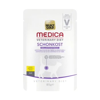 Select Gold Medica Veterinärdiätbeutel für Katzen, 85g, mit der Aufschrift "Schonkost" und hohem Ballaststoffgehalt, mit einer Katzen-Silhouette.