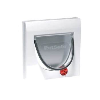 PetSafe Haustiertür mit einer klaren Klappe und einem roten Verriegelungsmechanismus, entworfen für einen einfachen Zugang für Haustiere.