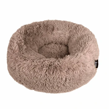 - FUZZ - Heimtierbett braun M Gemütliches rundes Haustierbett in einer weichen beigen Farbe mit flauschiger Textur, ideal für kleine Hunde oder Katzen.