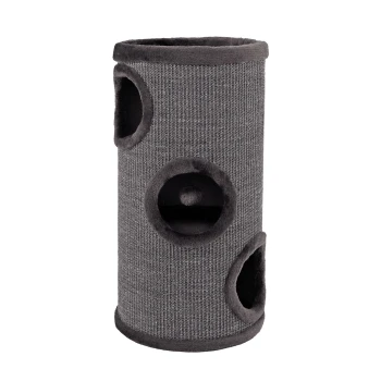 Grauer Katzentunnel mit drei runden Öffnungen, entworfen für das Spielen und Erkunden von Haustieren.