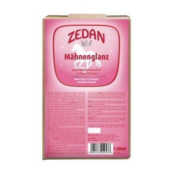ZEDAN Mane Gloss & Detangler Verpackung mit einem rosa Hintergrund, Grafik eines weißen Pferdes und deutschem Text zur Kämmbarkeit und Volumen.