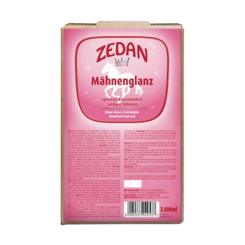 ZEDAN Mane Gloss & Detangler Verpackung mit einem rosa Hintergrund, Grafik eines weißen Pferdes und deutschem Text zur Kämmbarkeit und Volumen.