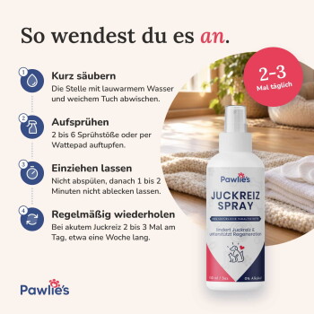 Pawlie's Juckreiz-Sprayflasche mit einer Katze im Hintergrund; der Text lautet 'INTENSIVE PFLEGE FÜR SENSIBLE HAUT.'