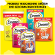 Afbeelding van de verpakking van Dreamies kattensnoepjes, inclusief een Mega Box en Mega Packs in smaken zoals kaas, zalm en kip op een gele achtergrond.