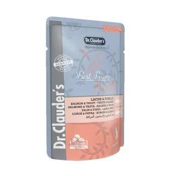 Dr. Clauder's Best Pearls No. 01 Premium Katzenfutterbeutel, mit Lachs und Forelle, mit mehrsprachigen Zutatenangaben.