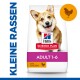 Hill's Science Plan hondenvoer voor kleine rassen, gelabeld 'Adult 1-6,' met kip als hoofdingrediënt.