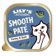 Lily's Kitchen Smooth Paté für Katzen, mit einer verspielten weißen Katze auf blauem Hintergrund, beschriftet mit "Truthahn & Ente."