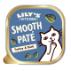Lily's Kitchen Smooth Paté für Katzen, mit einer verspielten weißen Katze auf blauem Hintergrund, beschriftet mit "Truthahn & Ente."