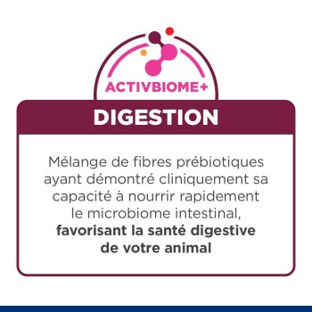 Étiquette ActivBiome+ Digestion décrivant un mélange de fibres prébiotiques soutenant la santé digestive des animaux et le microbiome intestinal.