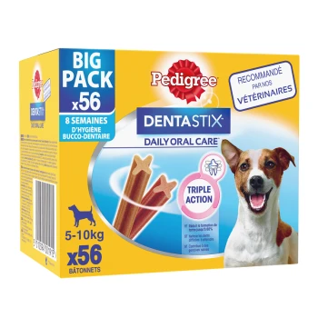 Friandises pour chiens Pedigree DentaStix Daily Oral Care, grand paquet de 56, conçues pour les chiens de 5 à 10 kg, favorisant l'hygiène dentaire avec des bienfaits à triple action.