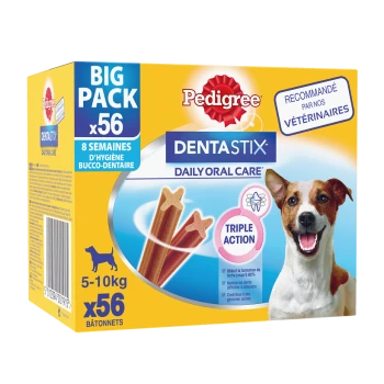 Friandises pour chiens Pedigree DentaStix Daily Oral Care, grand paquet de 56, conçues pour les chiens de 5 à 10 kg, favorisant l'hygiène dentaire avec des bienfaits à triple action.